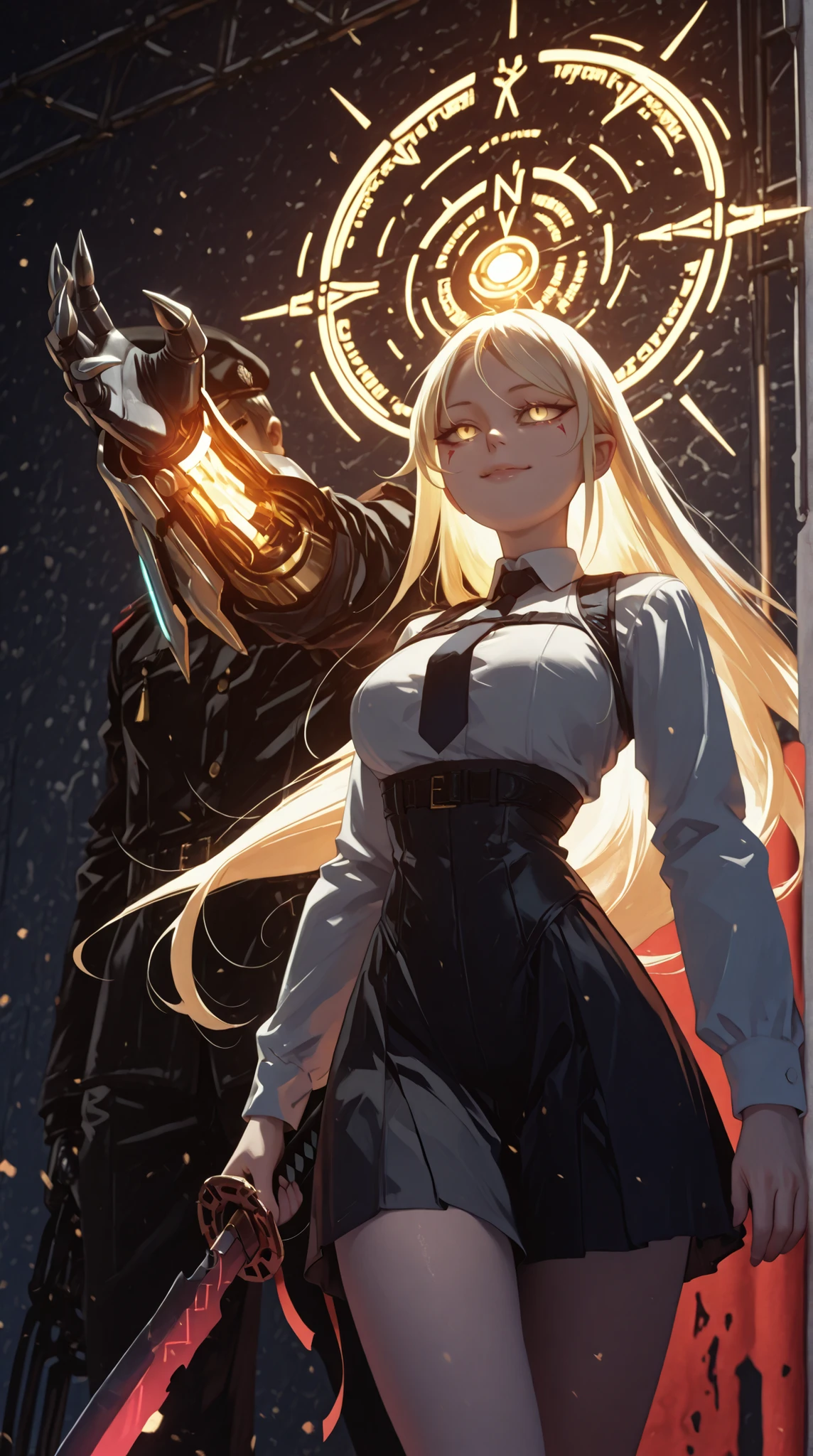 A young female character with the same height and body proportions as Shinobu Oshino from the Monogatari series. She has long, flowing blonde hair adorned with a red ribbon on one side, and the same sharp facial features as Shinobu — but instead of golden eyes, she has glowing golden eyes that shimmer with intensity. Her expression is provocative and confident, wearing a sly, self-assured smile, pointed ear.
Her outfit is a highly detailed cyberpunk-inspired military uniform, black with red and gold accents. The skirt is tactical yet stylish, with embedded circuitry lines. Her uniform includes gold medals, high-tech insignias, and a bold red tie. A large, exaggerated red beret sits atop her head, slightly tilted, oversized compared to her head, adding a rebellious edge, pointed ear.
On her left hand, she wears a mechanized gauntlet with sharp, retractable claws, emitting faint neon lights — a blend of weapon and symbol of power. She holds a massive, ultra-wide black katana in her right hand, with a thick blade engraved with glowing red cyber runes, clearly larger than her own body. The katana's design is brutal and futuristic, blending raw steel with cybernetic enhancements and red neon lines along its surface.
Her pose is bold and confrontational — facing forward with her head tilted slightly, shoulders squared, one hip cocked, exuding dominance and fearlessness. Her figure is exaggerated with wide hips, large bust, and a curvaceous silhouette, enhancing the contrast between her youthful appearance and the raw power she wields.
The background is deep black to emphasize her presence. The entire illustration should have a vivid, colorful, high-detail rendering in a cyberpunk anime art style — blending punk aesthetics, femininity, and military dominance into one striking image.