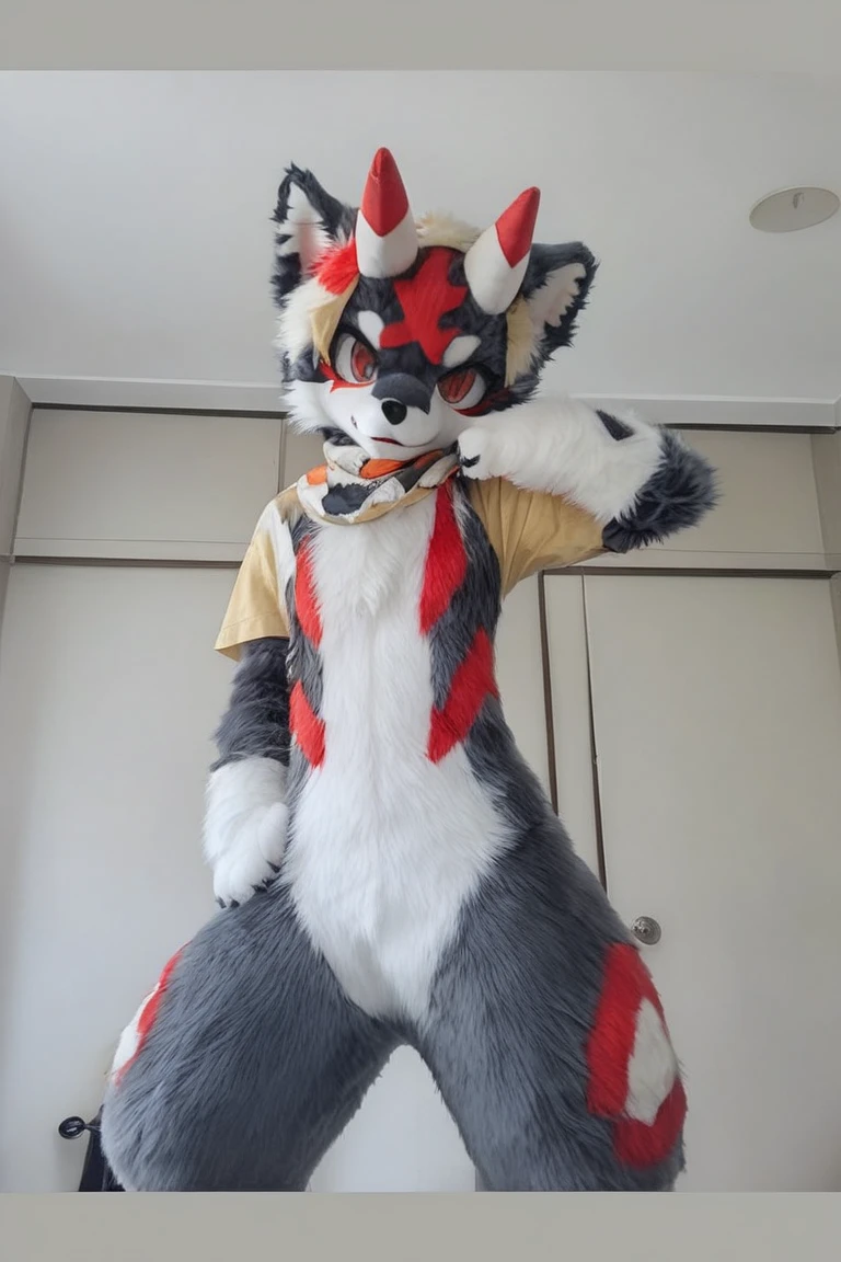Ultra high resolution, best quality, masterpiece, mirror selfie, (half transformation), human feathered deinonychus animatronic fursuit hybridization metamorphosis, wearing saddle bridle bit and harness, in dark abandoned bathroom, (part human:1.6) (part feral:1.3), (red:1.9) (black:1.5) (striped:1.2) (spotted:1.1), ((liquid goo partial dripping encasement)), Five nights at Freddy’s style, red black pink