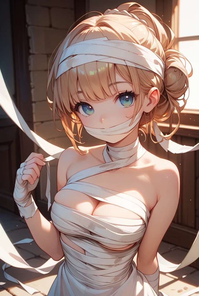 1girl, natural lighting, masterpiece, highly detailed, illustration, game CG, absurdres, high quality, aichan, large breasts, blue eyes, beautiful detailed eyes, short brown hair, side braid, (tape gag, tape bound, arms bound), eyes wide, shocked, surprised, wedding dress, (quicksand:1.3)