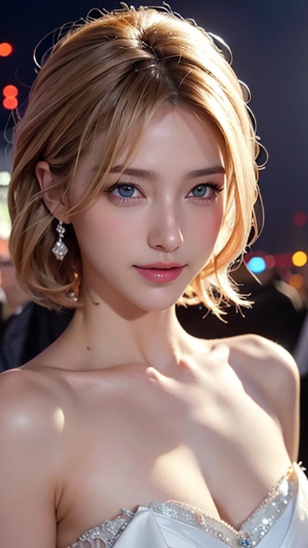 ((((masterpiece, best quality, high resolution)))), Extremely detailed 8K, Beautiful girl with slender body, (Ultra HD, Ultra-detailed, Highly detailed, Highly realistic, Ultra-realistic, photograph realistic), (1girl:1.5), (Realistic white hair), short wavy hair, bob cut, (dynamic poses), facing at camera, light smile, parted lips, purple eyes, (huge breasts: 1.2), cleavage, (beautiful detailed face, beautiful detailed eyes), fluffy off-shoulder yukata, summer festival in background, cityscape scenery, street, night light, night time