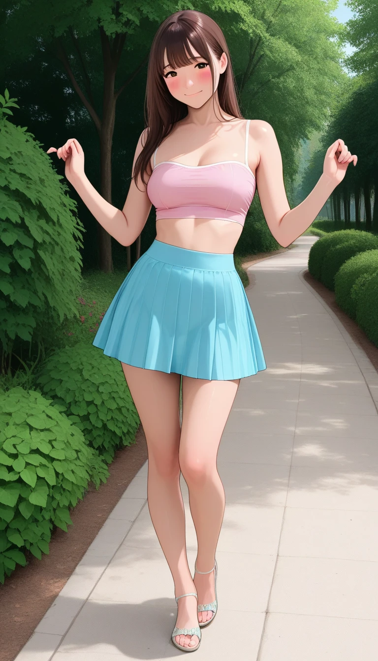 1 woman cute, skye, red hat, cute hot pink dress, pantyhose, in park, sunny day, wholesome, smiling ,happy, joy