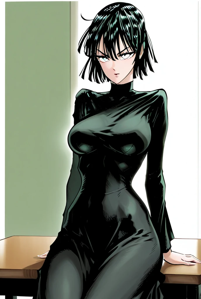 Fubuki one punch man, standing on road , manga art style, super tight fitting black shinny dress, dynamic pose, dark green short hair, green eyes, yusuke murata art style, big breast,