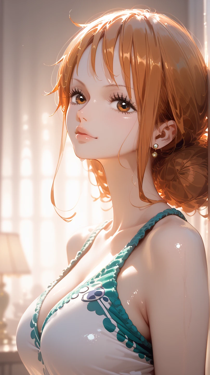 an oil painting、masterpiece、top-quality、hight resolution、(((Orange long hair)))、Orange long hair、shores、Beach、Naughty look、(((White and purple gingham plaid bra)))、(((White and purple gingham plaid panties)))、Bending legs、Female face、Hot face、A slightly troubled look、sweat-wet skin、blue-sky、shores、Squatting、Open your legs、Underwear is visible、Embarrassing、side poneyTail、Scrunchie