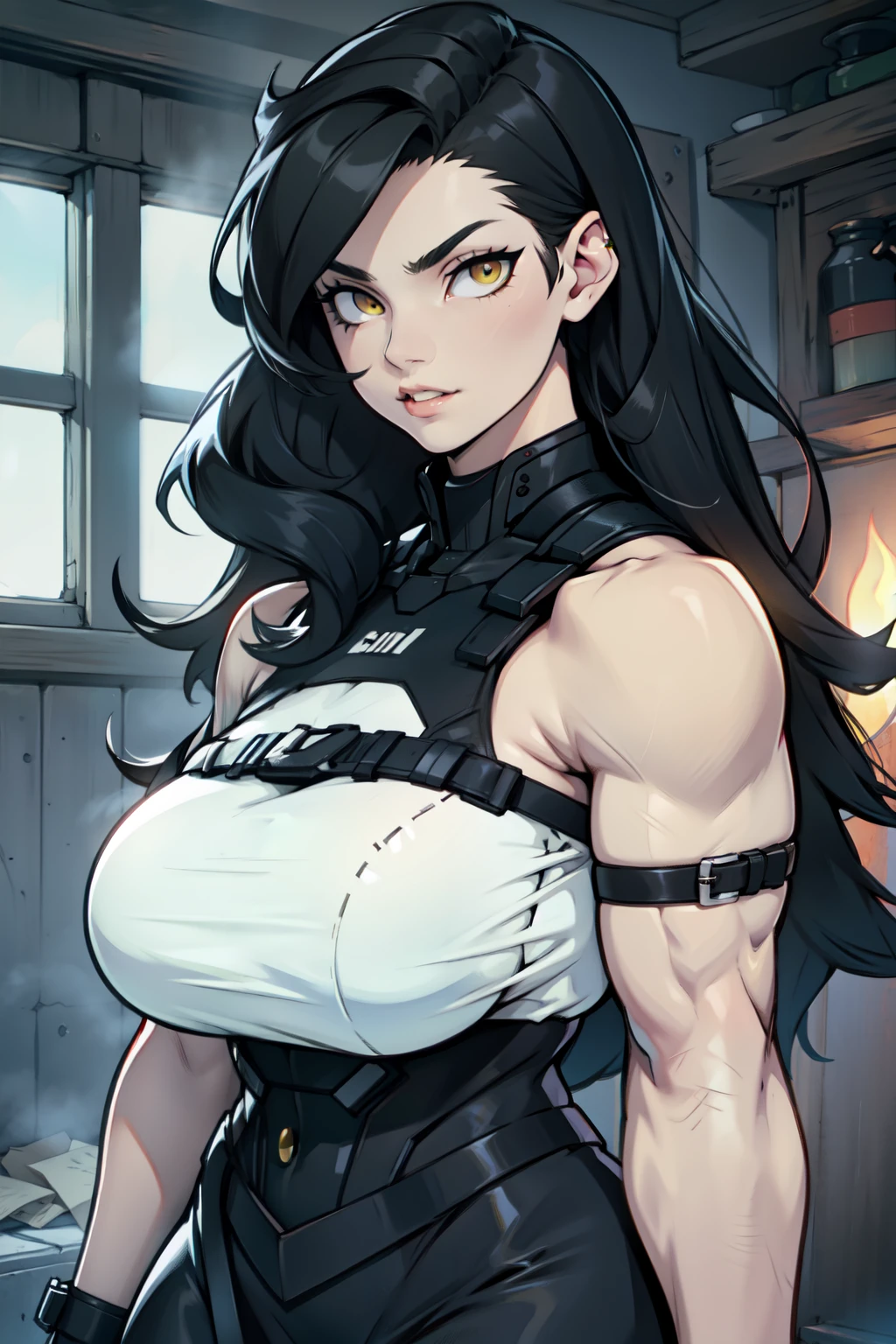 pale skin solo 1 girl black hair yellow eyes angry very long hair huge breasts bodybuilder dark atmosphere black lipstick
