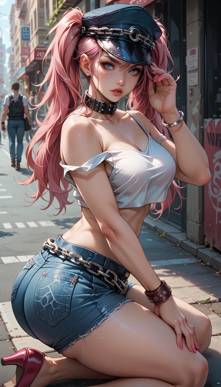 source_anime, score_9, score_8_up, score_7_up, score_6_up, score_5_up, score_4_up, 1girl, solo, ((voluminous teased bouffant)), gyaru fashion, half-closed eyes, gyaru, long fingernails, painted nails, ((big lips)), light pink lips, light pink eyeshadow, long eyelashes, (dark skin), huge breasts, deep cleavage, black heart choker, navel, midriff, wide hips, thick thighs, narrow waist, denim shorts with leopard print belt, leopard print tube top, ((black thigh high boots)), gyaru v, (((fullbody))), city scenery, , shame, embarrassment, embarrassed, blushed, shame,score_9, score_8_up, score_7_up, score_6_up, score_5_up, score_4_up, 1 woman, (huge breasts: 1.4), {{{Masterpiece}}, {{{Hyper Detailed}}}, {{{best quality}}},score_9, score_8_up, score_7_up, score_6_up, score_5_up, score_4_up, 1 woman, (huge breasts: 1.4), {{{Masterpiece}}, {{{Hyper Detailed}}}, {{{best quality}}}, ,gyaru, long finger nails, painted nails, big lips, make up, tanned,saeko busujima, long hair, purple hair, purple eyes, hair between eyes,