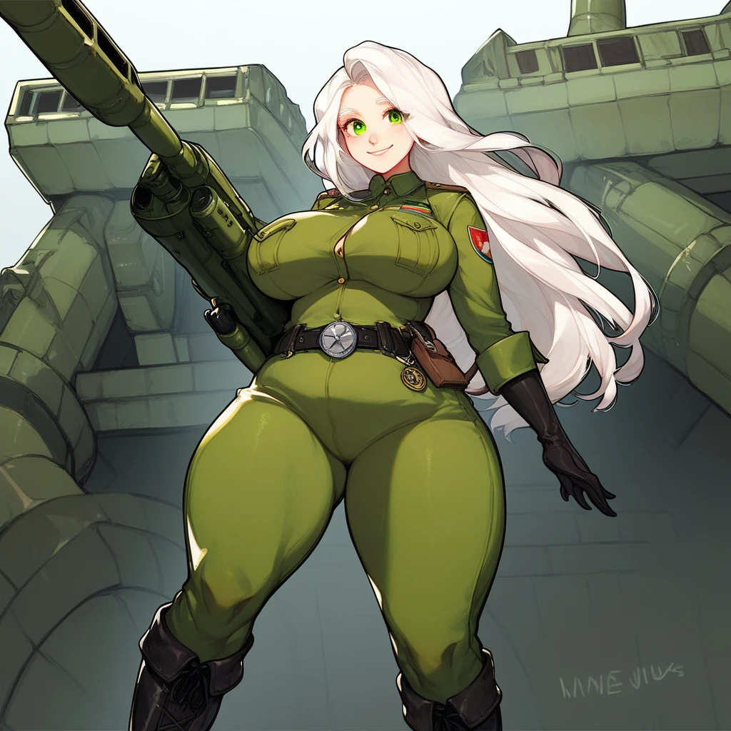 green solid background, 1 woman, best quality, ultra high res, long hair, full lips, white hair, red eyes, military jumpsuit, dog-tag necklace, smiling at viewers, wearing black gloves, wearing black combat boots, double D breast, standing, full body