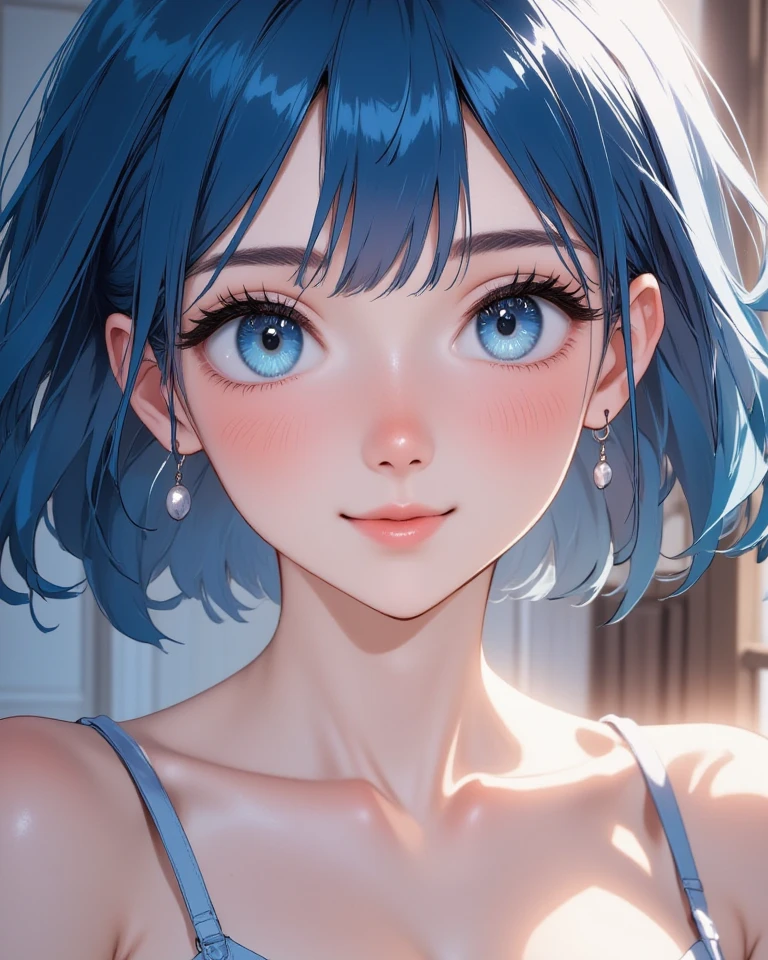 A masterpiece portrait of smiling Rei Ayanami (Evangelion), Evangelion (Hideaki), Caustics, High resolution illustrations, Red eyes, feminine, No students, Blue Hair,  short hair, Japanese , loafers, Spank, Synthwave, paint Splashs, Shaded flat illustration, Digital Art, Trending on Art Station, Very detailed, The finer details, Complex, Splash, Overtake, Vaporware, Neon color