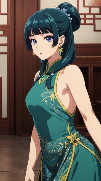 Top quality (8k, high resolution, masterpiece: 1.2), super detailed, anime art style, dynamic angle, teen style, (Chinese dress, exposed shoulders, earrings, indoor,), detailed green hair, detailed blue eyes, intricate hairstyle, long hair , slim body, sparkling eyes, youthful, hair accessories, earrings, half-updo, slightly dull bangs, detailed lighting, bright colors, looking at the viewer, in the center of the image, cowboy shot,