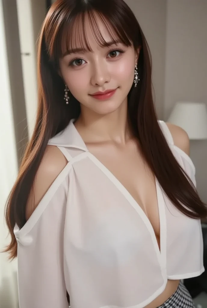 Tabletop, Highest quality, Realistic, Very detailed, finely, High resolution, 8k wallpaper, One beautiful woman,, Light brown messy hair, Wearing a business suit, Sharp focus, Perfect dynamic composition, Beautiful and detailed, Thin Hair, Detailed Realistic skin texture, smile, Close-up portrait, Model Body Type、Big Breasts、Reality

