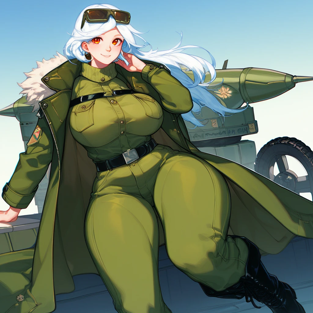 green solid background, 1 woman, best quality, ultra high res, long hair, full lips, white hair, red eyes, military jumpsuit, dog-tag necklace, smiling at viewers, wearing black gloves, wearing black combat boots, double D breast, standing, full body