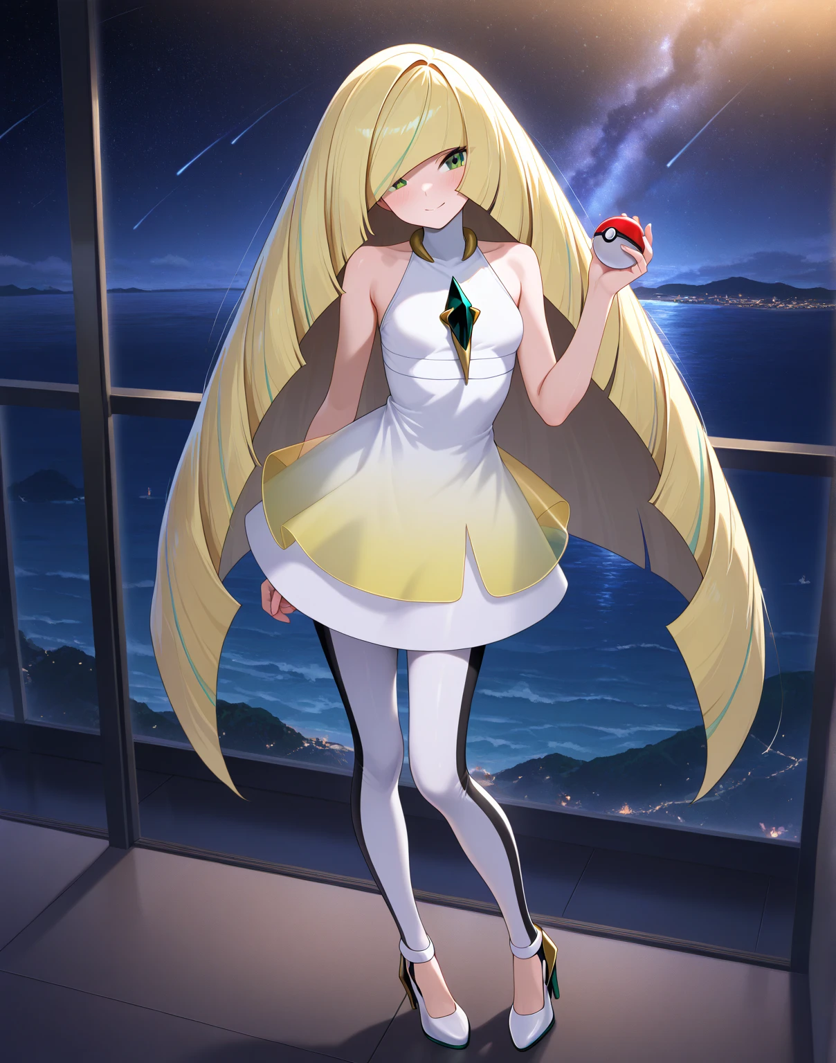 <lora:lusamine:0.8>, ((lusamine)),
BREAK((solo, 1girl, adorable, young female, cute girl), (full body:1.3), soft light, dynamic angle, dynamic postures, detailed shadow,)
BREAK(lusamine, blonde hair, yellow eyes, long hair, looking at viewer, very long hair, (hair over one eye:1.3), huge breasts,),
BREAK(white dress with a diamond badge, black and white leggings, and boots of the same color, with green soles, her boots have a medium-height yellow heel),
BREAK((smirk smile),(a girl throwing a Poke ball to viewer):1.2),
BREAK(perfect(anatomy,body,face,hand,leg,foot)),
BREAK(beautiful detailed girl, glossy pink lips, Milky skin, shiny skin:1.2)
BREAK(<lora:cozy animation scenes_20230824111332:0.4>, PIXIV, cozy, indoors, environment company, detailed company, spring, day, (wide view, wide-angle lens)),
BREAK(<lora:more_details:0.5>, extremely detailed, CG, 8k Amazing, finely detail, (masterpiece:2.0, best quality), (intricate details, depth of field),),
(<lora:uber_saggy2:0.5>, saggy, sagging_breasts, large breasts)