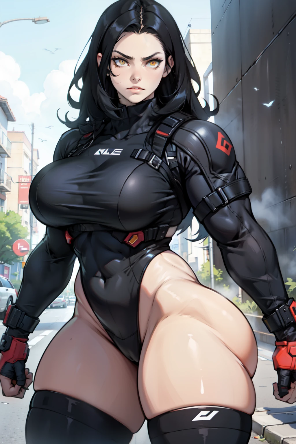 huge breasts toned body black hair yellow eyes pale skin skinsuit