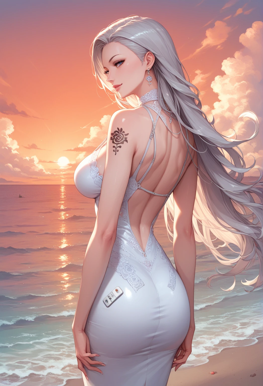 Huge breasts. Transparent gauze, painting, (best quality, 4k, Masterpiece: 1.4), Beautiful Woman, Surreal, 1 Girl, ((Looking Back at the Sunset)), (Sagging Breasts, Attractive Body: 1.6), Sit-ups: 1.1, Long White Hair: 1.8, (Wet Rain, Wet Body: 1.7), Ultra-detailed face, detailed lips, detailed eyes, double eyelids, sexy low-necked dress, open neckline, hanging breasts, side pose, visible curves, pool party, poolside, white transparent robe, muscular turning legs