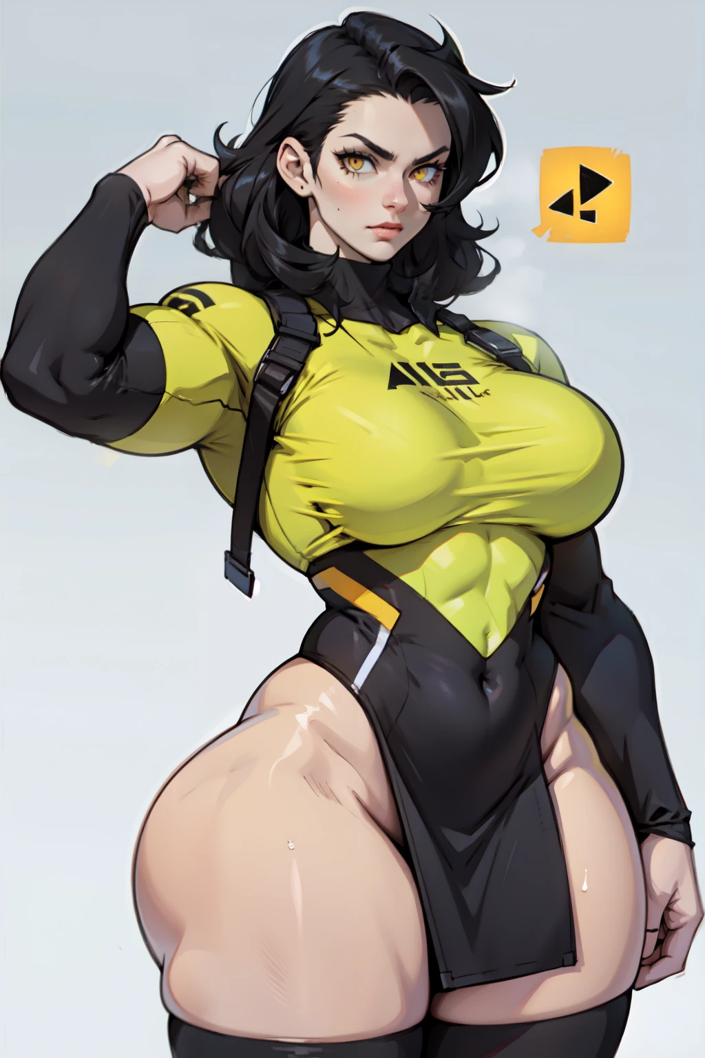 ((1girl)) (huge breasts) pale skin (muscular) toned body thick thighs black hair yellow eyes (long hair grey background) bodybuilder sulking long sleeve leotard