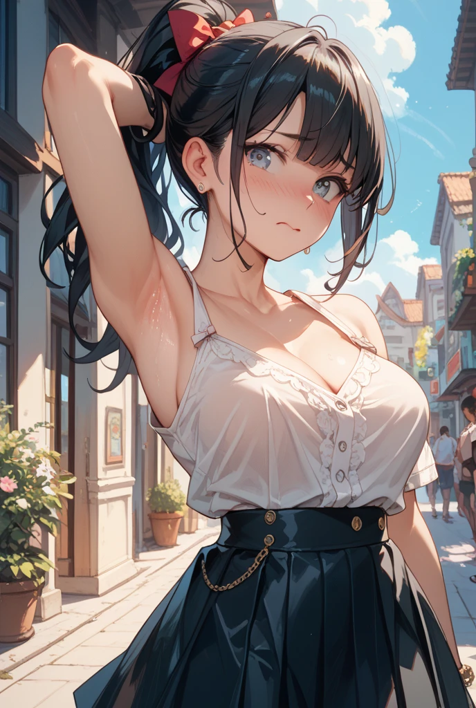 8K, Attractive, intensely detailed, 20 Year Old Girl, sexy and attractive woman with dark, black hair. She has beautiful sky-blue eyes with a heart inside. She is wearing a white shirt and a blue skirt, accentuating her waist and giving us a view of her adorable panties. From under the skirt we can see sexy black, lace panties with bow. This high-quality, high-definition image will give you a shocking visual experience.