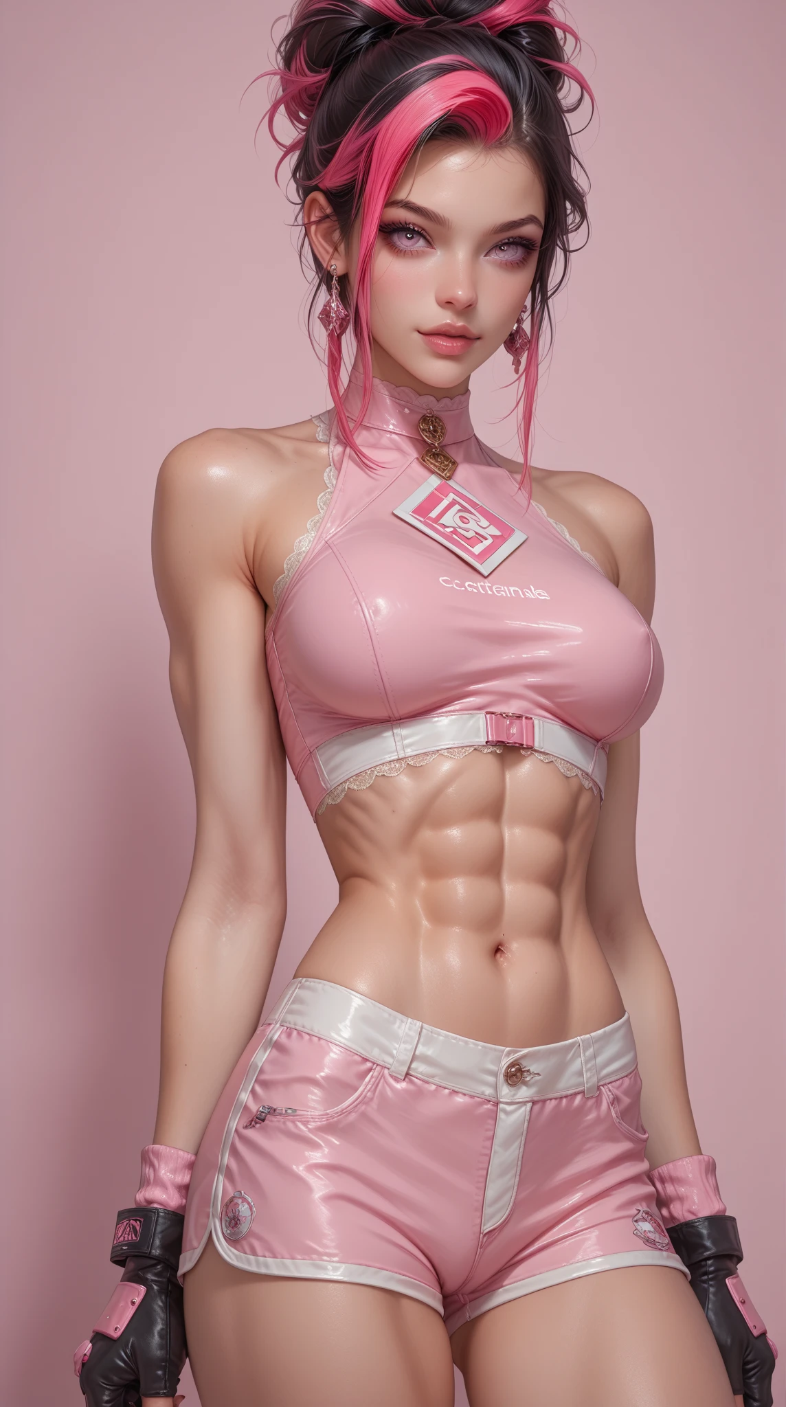 masterpiece, best quality, highly detailed, highres, super detailed, 16 year old girl stands front doggy style, beautiful eyes, beautiful face, beautiful lips, open mouth, solo, (intricate beautiful face, orgasm on face, detailed face:1.1), (intricate bob hairstyle hair, pink hair, detailed hair:1.1), (cinematic view, front shot, looks at the viewer:1.1), (intricate latex shorts, beautiful latex shorts, sculpted latex shorts:1.1), without a bra, belt fits breasts, belt fits legs, hand strangulation of the neck, (big beautiful breasts, voluminous breasts, naked breasts:1.1), (detailed body, beautiful body, naked body:1.1), (big abs, beautiful abs, sculpted abs:1.1), (beautiful legs, detailed legs, sculpted legs:1.1), (beautiful sneakers, detailed sneakers:1.1), bright glowing eyes, (white skin, bright skin, detailed skin, glistening skin:1.1), (cosmos background, detailed cosmos background, boke cosmos background:1.1), perfect natural lighting, detailed lighting