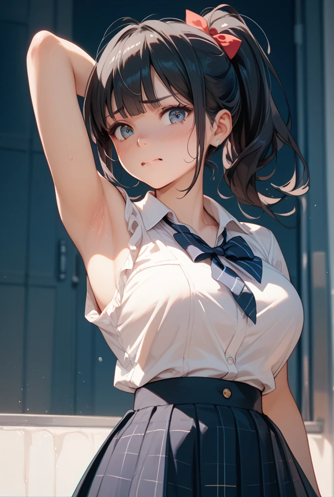 Highest quality、High resolution、Detailed Background、(Beautiful face in every detail:1.4)、Anatomically correct、(Normal number of fingers:1.2)、(Highly detailed face)、(Detailed eyes)、Teenage beauty、(Huge breasts:1.3)、Perfect body line、Light color hair、ponytail、Braided bob cut、cute hairstyle、well-groomed eyebrows、
Attractive upper arms、Excited、Crying face、Blushing、Accentuate your armpits、Show your shoulders and arms、Chest with tearing clothes、Accentuate your cleavage、
(Woman posing with exposed armpits and looking at camera with embarrassed expression:1.5)、
Sitting at a desk in a school classroom、JK Uniform、White sleeveless blouse、Navy blue pleated mini skirt、White Pantyhose、cute
