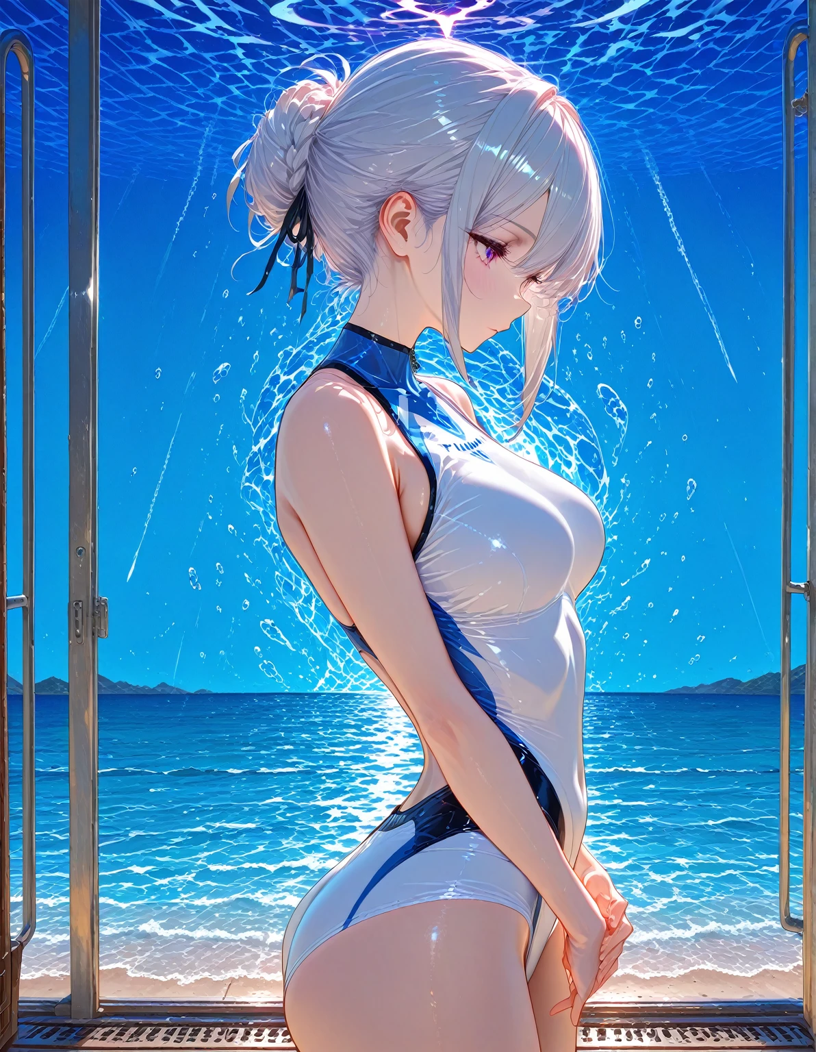 Chic, Hourglass body, short white-hair, (((Micro Black Bikini))) , 8k picture, Best Quality, ((((Micro Bikini)))), Beach, ((((bottom-up view)))), (((Micro Bikini))), (((White shiny skin)))
