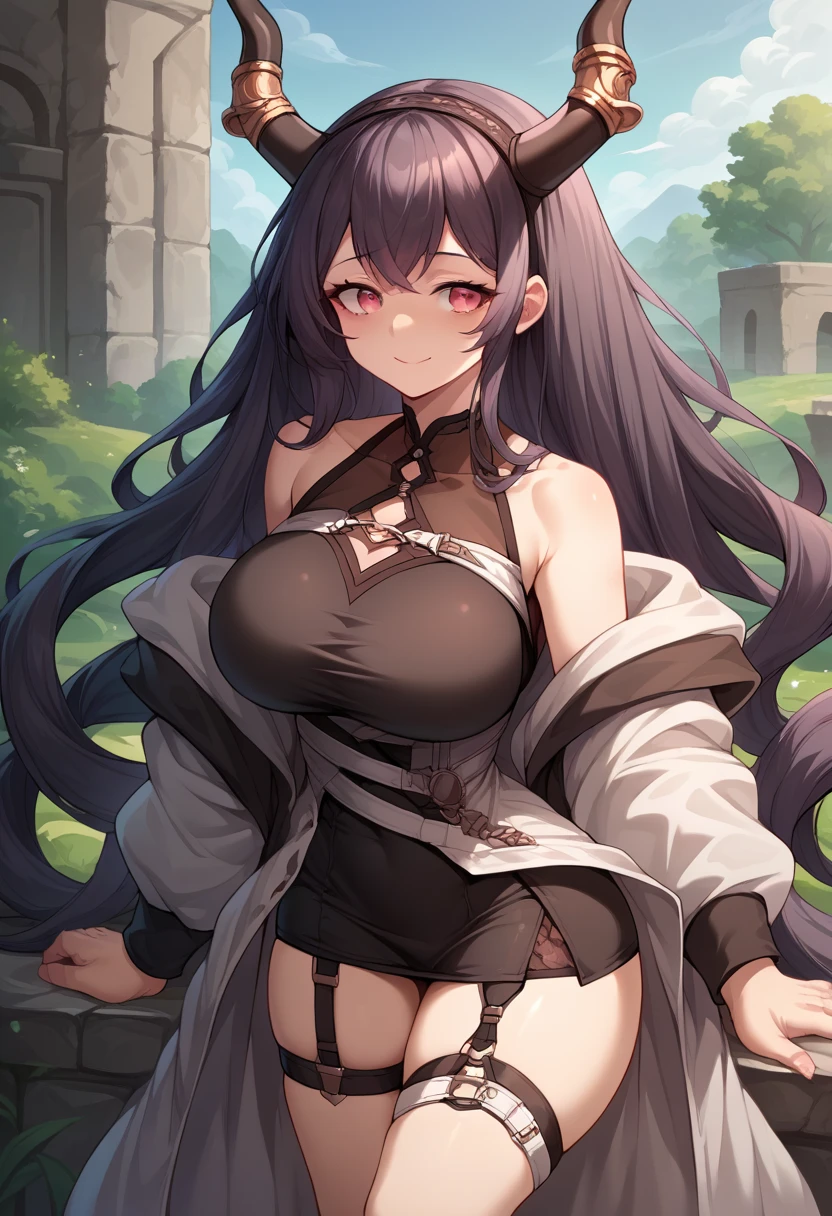 Super High Resolution Super Quality、anime、Zoom in Enlarge  、anger、Very angry face、Fantasy、Magic Thunder、bikini、Magic Taoist、High quality texture of black clothing, realistic texture, luxurious adventurer clothing, sparkling jewels, silver decoration, platinum, brown leather gloves, black skirt showing thighs, naked pussy, lower body, beautiful girl has a nice body, purple hair, highlights in eyes, navy purple eyes, upper body, snap, blue sky, distant mountain range, grassland with no buildings, purple bob hair, flower shape into eyes, white underwear