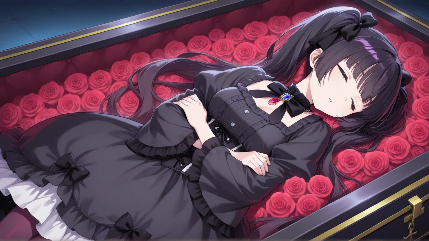 Goth girl sleeping in coffin, black gothic coffin, red decorations, black hair, ribbons, gothic dress, sleeping, hands crossed,