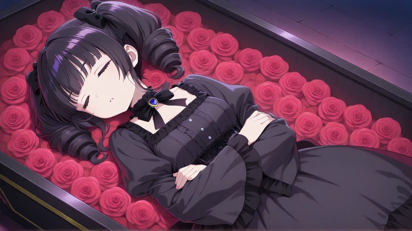 Goth girl sleeping in coffin, black gothic coffin, red decorations, black hair, ribbons, gothic dress, sleeping, hands crossed,