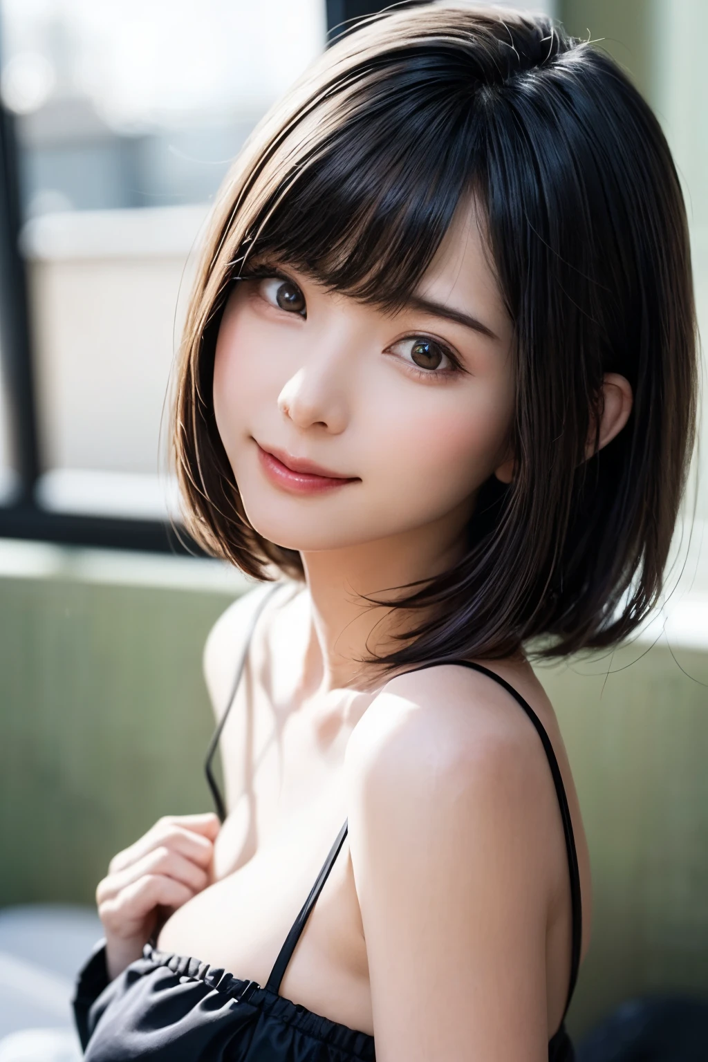 (masterpiece, Highest quality),One Girl, alone, hyper Realistic, Realistic,Realistic, Looking at the audience, Light brown eyes:1.4,Brunette Short Bob Hair with highly detailed shiny hair, Brightly colored winter clothes, Lepangas:1.4), Plein Air, Mouth closed, Upper Body、big chest eye、eyelash、{Huge|big|Very large|Mega} chest:2, chestの谷間:2、{Huge|big|Giga|Mega} chest:2, chestの谷間:2、A very large window shows the valley of the sound、(((big chest eye、Short Bob Hair、Glowing Skin、Shiny Hair、Student Highlights、Gazing at the audience、She is very beautiful and cute、Listen carefully、Long neck、smile、Close your mouth and smile、bangsと美しい歯、bangs、Perfect Anatomy)))、Ideal body type、（Snowy tree-lined road in winter in Norway, Out of focus background）、美しいLong neck:1.4、Very attractive, 美しくてかわいいVery attractive女性、