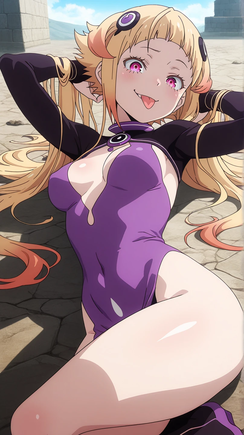 High resolution, Highschool Dxd, Raynare 1girl, ((bimbo))), long  blond hair, blue eyes, erotic smile face, sexy face, puffy lips, painted lips, thick lips, wide hips, thick thighs, thick hourglass figure, busty, enormous Natural breasts, shiny skin, oily skin, hot pants, white top, gym, revealing cleavage, sweat, tall, legs, breasts posing, 