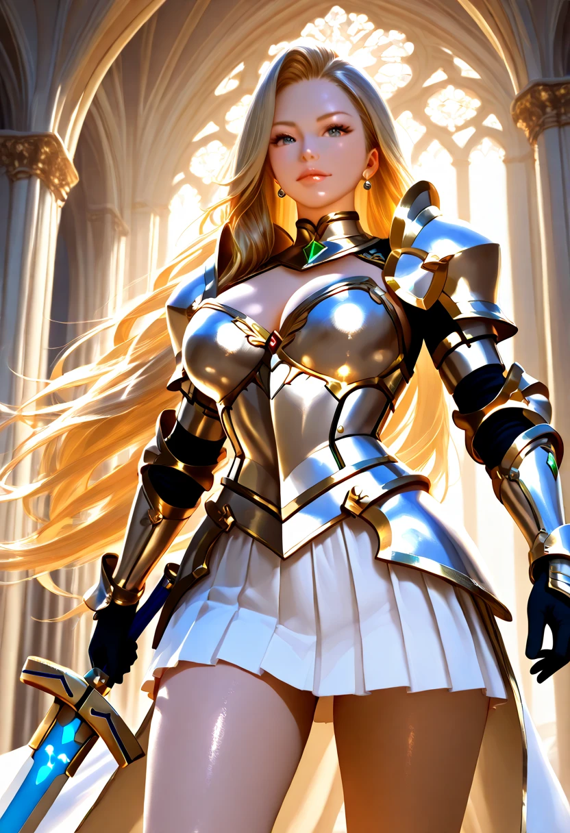 (Ultra extreme detailed),(Masterpiece),(Ultra extreme),(Realistic),CG,(color:1.2), Strong lighting,Light from behind,evaluation:Safety,A blonde person alone, 黒color,with long blonde hair,Green Eyes,White shrite,short_、、armor、Princess、Tights Knee Socks、Shoulder pads、breastplate、holding a sword hilt