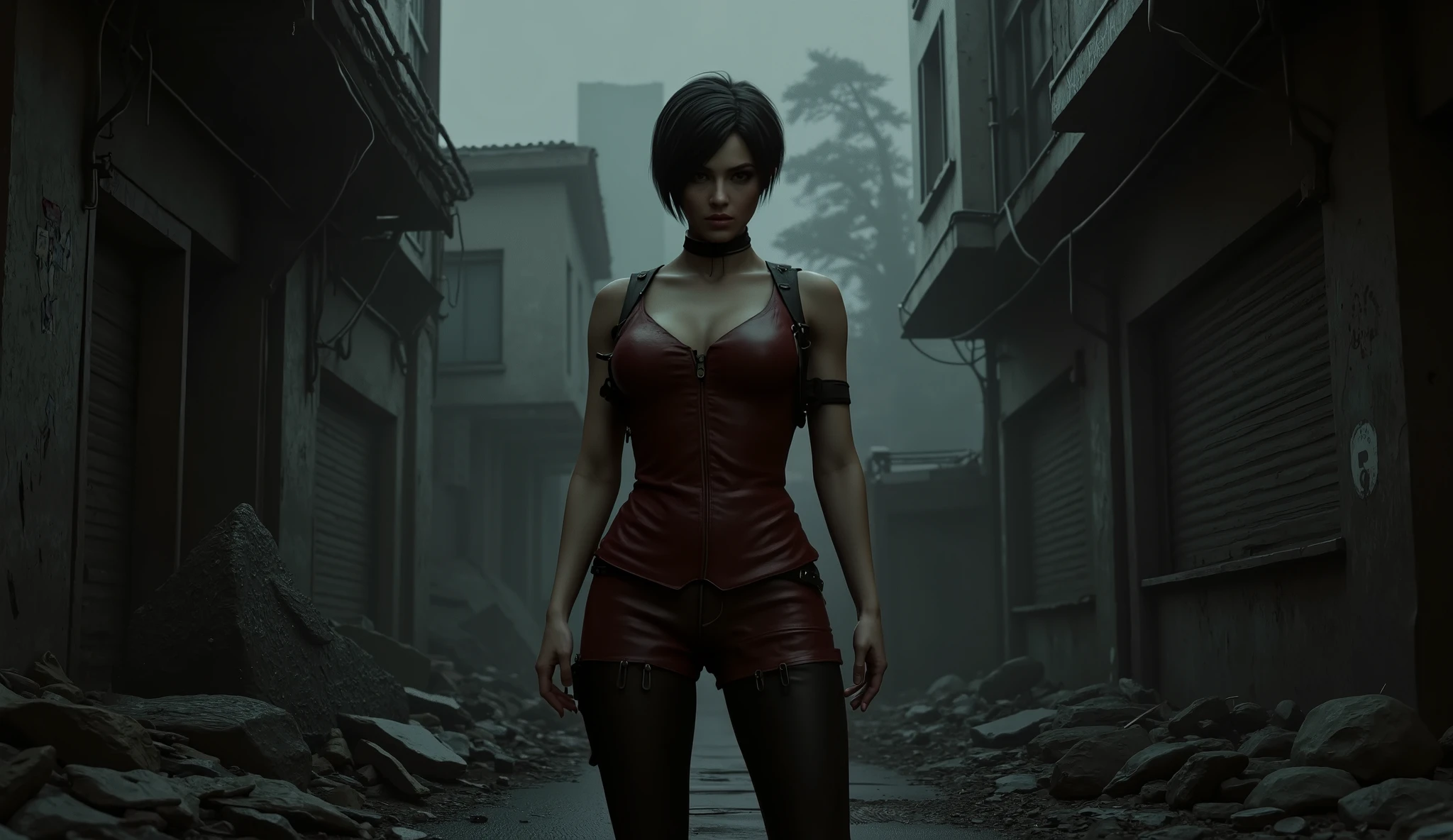 Resident Evil, Ada Wong, big breasts, perfect breasts, perfect body, dilapidated city, Apocalyptic, dark alley background, high detail, masterpiece.