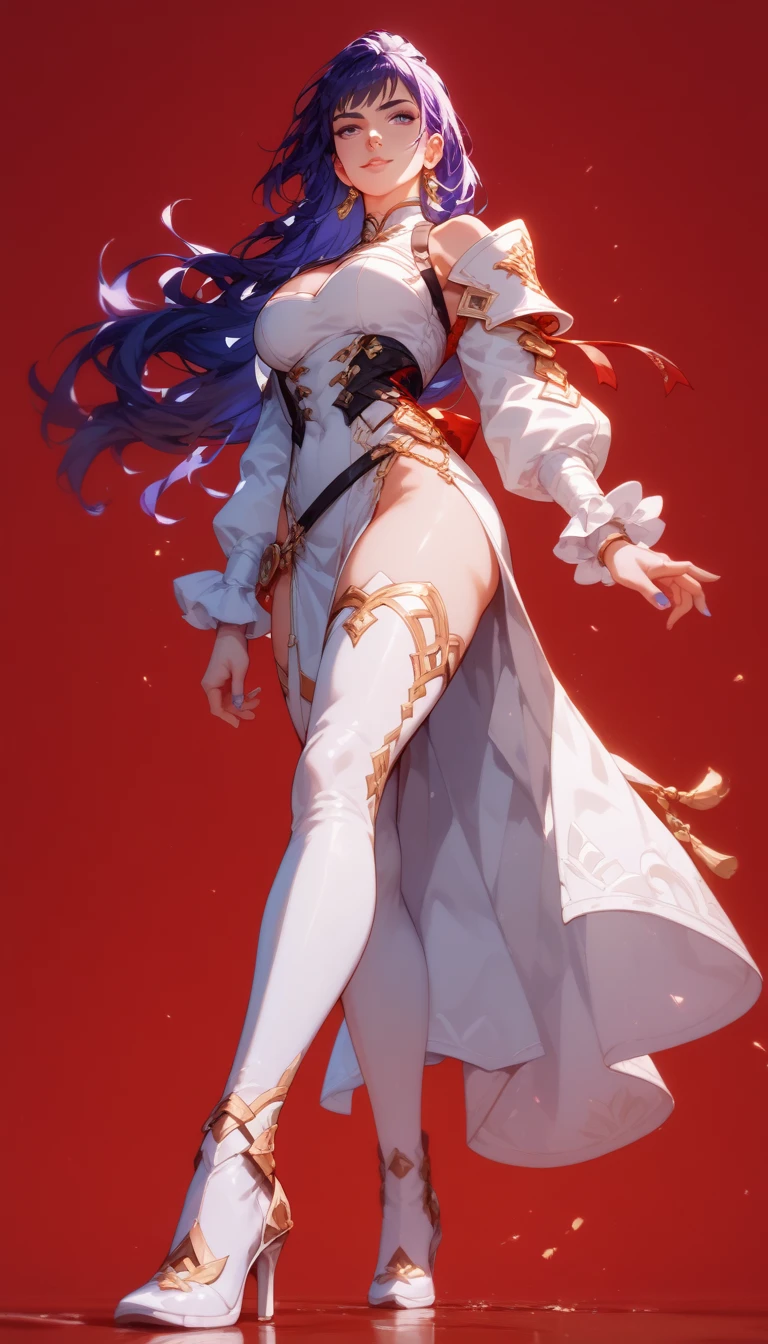 masterpiece, best quality,  <lora:chevreuse:1>,
1girl,hat,shako cap,purple hair,long hair, eyepatch, purple eyes,detached collar, necktie,bare shoulders,detached sleeves,dress,white gloves,black pantyhose, garter straps,white thigh boots, 
grey background,
