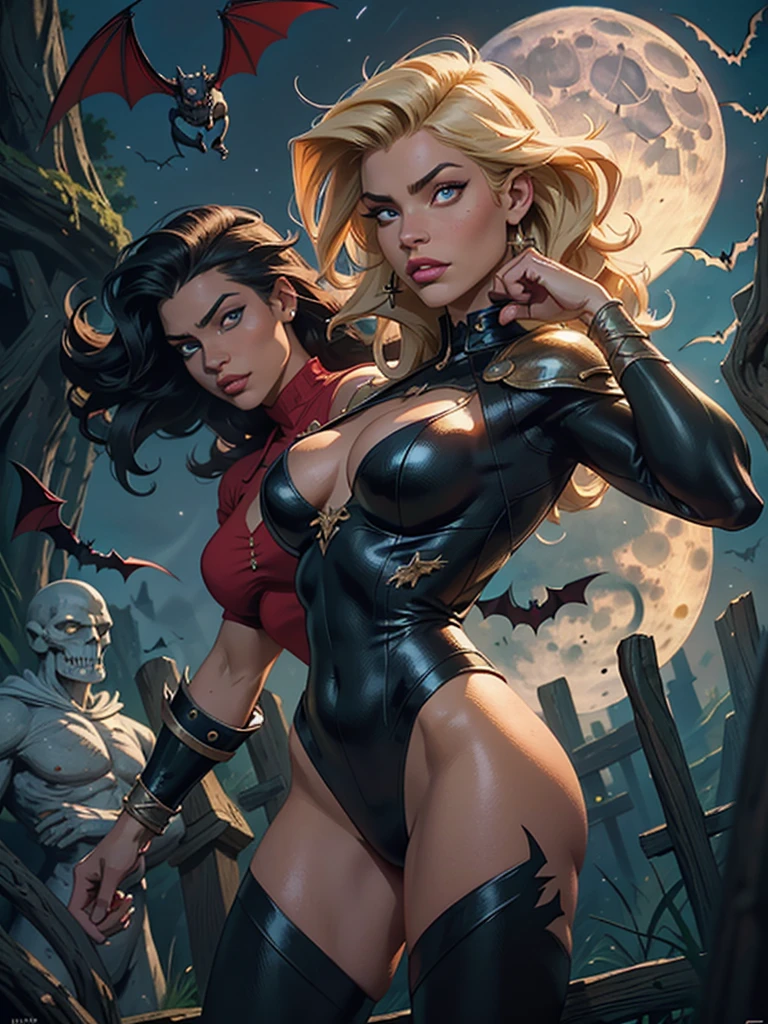 (artwork) two gorgeous vampires, beautiful young women, one has long blonde hair, another has long curly black hair, the two look at each other, (magnificent work) wear tight leather clothes, medium and beautiful breasts, they have love for each other, they are together standing before the tombstone of a cemetery, the tombstone has a crunchy skull, The red eyes have both, hold each other's hand, carry swords at the waist, have red-black cloak on the back, beautiful, handsome, mature vampires. Small moon in the night sky. --auto --s2
