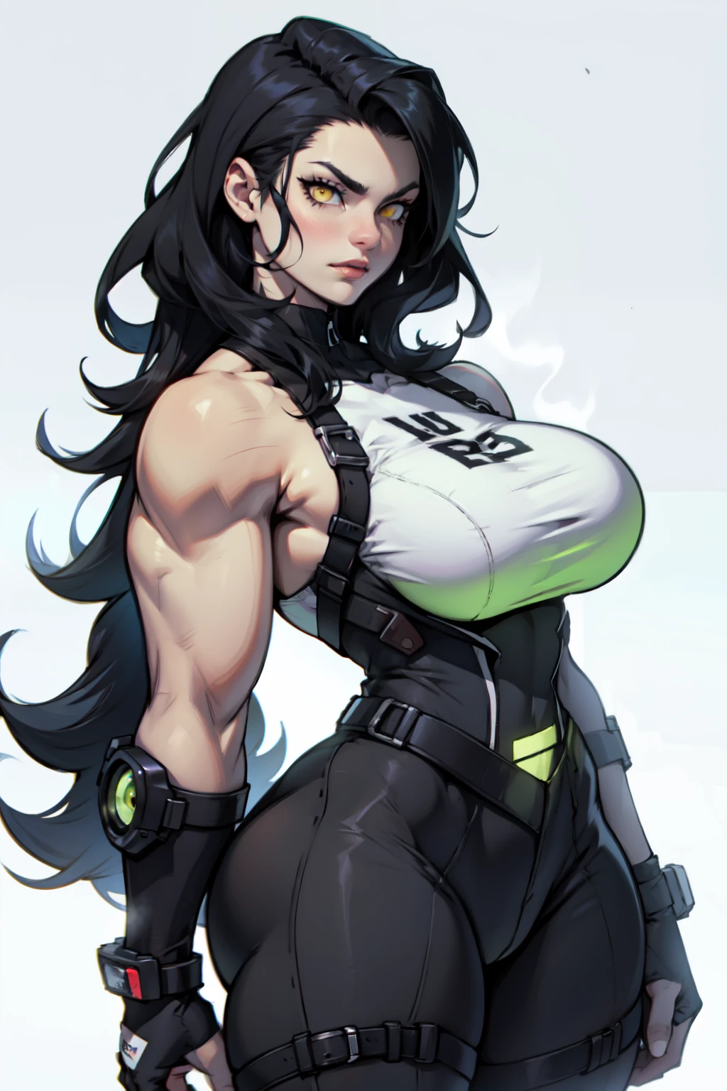 muscular angry girl very long hair pale skin black hair yellow eyes perky breasts