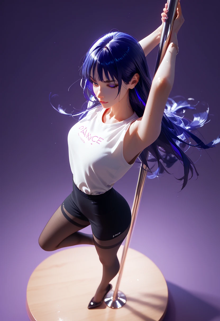(masterpiece, best quality:1.5), (ultra detailed, high resolution, 8k, beautiful detailed, UHD, best anatomy), purple pigtails hair, medium breasts, 1 girl, short shorts, thin see-through, standing, from below, Crystals floating around, night