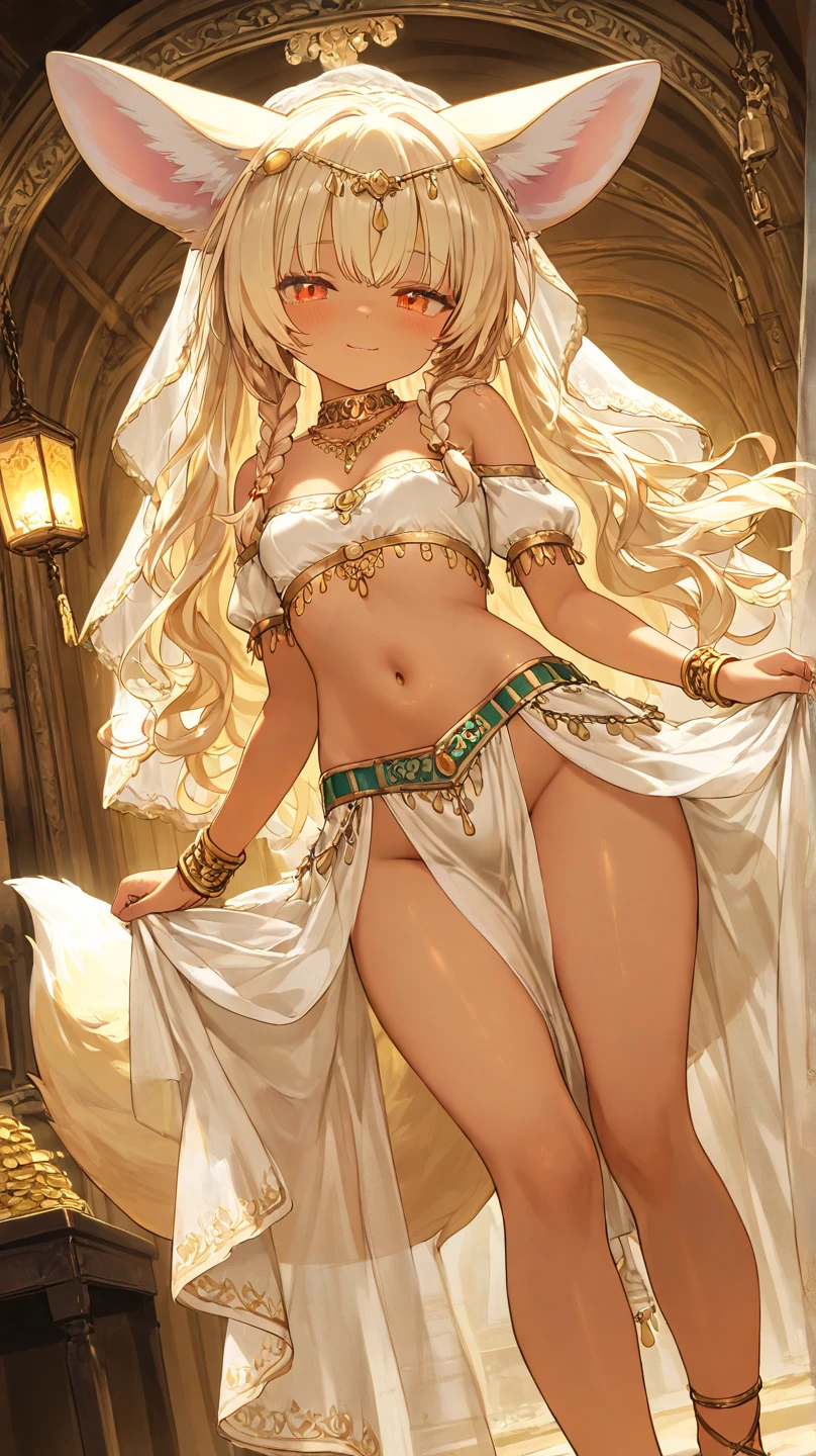 blonde hair, long hair, green eyes, with slender legs and an enticing beach pose, wearing a elegant red gown that shows off her navel, resembling an Arabian belly dancer. She has a short trimmed skirt and her flowing blonde hair is styled in a side ponytail. Her captivating blue eyes exude happiness, while her outfit highlights her alluring cleavage, happy