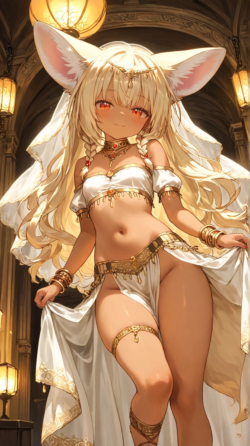((kinako (shiratama mochi) style)), colorful eyes, soft style, masterpiece, solo, 1 girl, topless, large nipples, nipples, white sarong, harem outfit, semi transparent skirt, beautiful art, vibrant, flat chests, desert, tent, platinum blonde hair, dancing, different poses, narrow waist, slender legs, hairband, jewely, necklace, bracelet, white mouth veil, veil, headdress, navel, thigh strap, abstract, night, moonlight, light hair, waist pouch, blue eyes, high angle shot, top view, black eyeliner, sparkling, winking, side view, arched back, flexible body, serene face, soft eyes, relaxed, calm, smiling, bonfire, enchanted, thin, ribcage, gold jewelry, morocco, date palm trees, carpet, people on cheering background, hoop bracelets, nipple piercing, (nr, nipple rings)