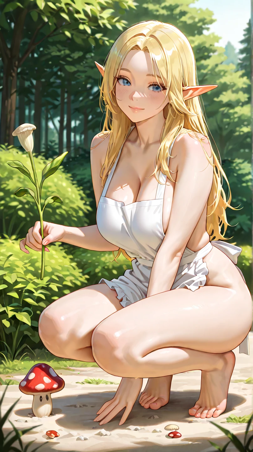 tall, mature female, against tree, bamboo, bamboo forest, barefoot, blonde hair, branch, breasts, bush, dandelion, dappled sunlight, day, feet, fireflies, flower, foliage, forest, garden, grass, hair flower, hair ornament, in tree, ivy, jungle, leaf, log, long hair, looking at viewer, moss, nature, navel, nipples, nude, on grass, outdoors, palm leaf, palm tree, plant, pond, potted plant, sitting, solo, tree, tree stump, vines, wooden fence