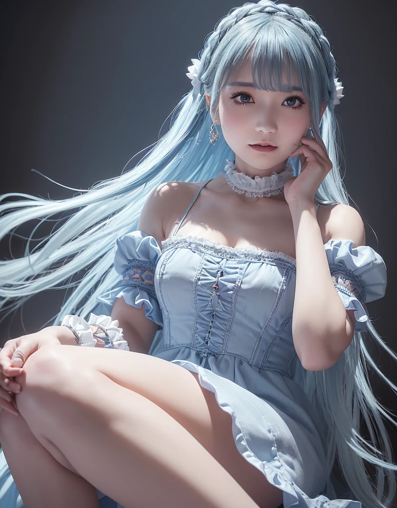 a girl, blue hair, blue eyes, white dress