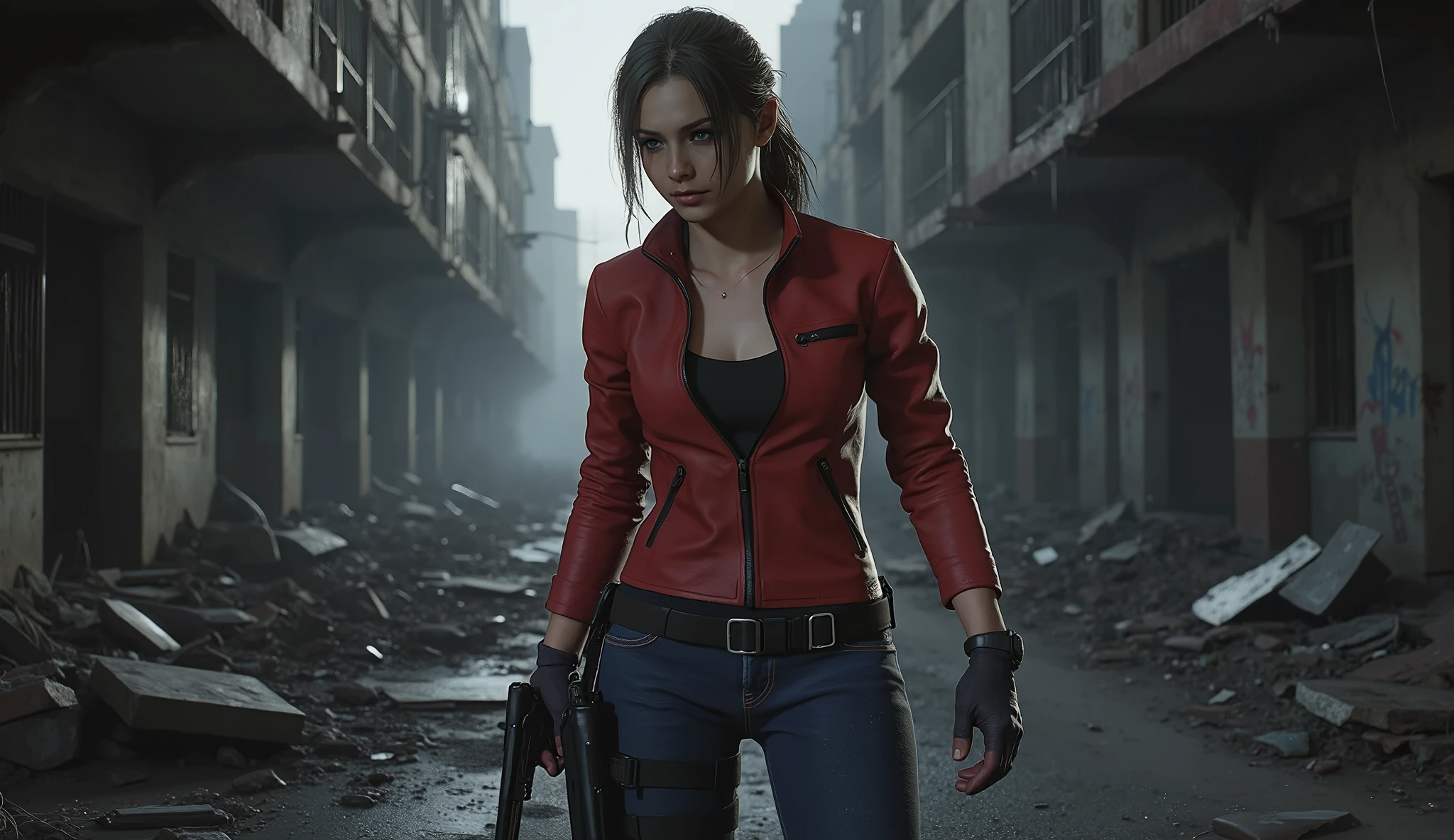 Resident Evil, Claire Redfield, big breasts, perfect breasts, perfect body, dilapidated city, Apocalyptic, dark alley background, high detail, masterpiece.