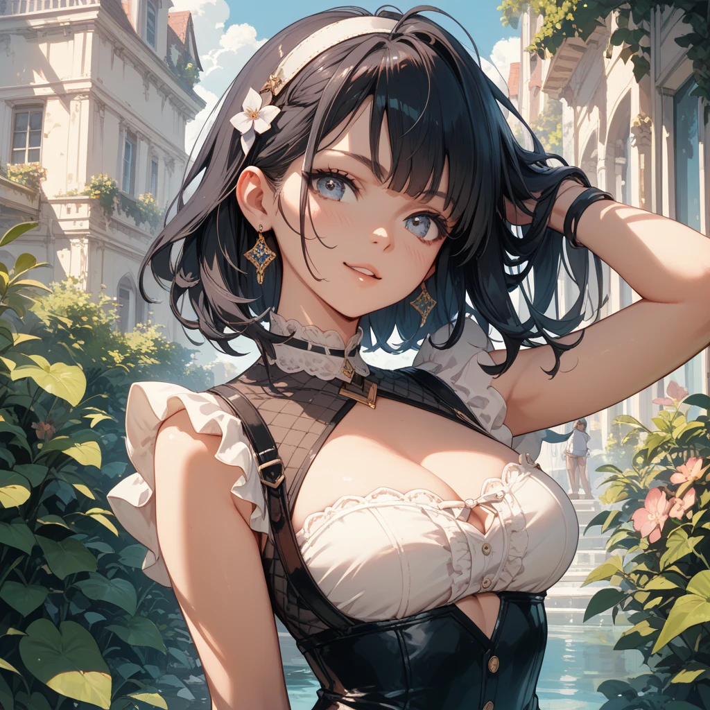 1girl, long bangs, wavy brown hair, big breasts, blue eyes, strap top, micro shorts, off-shoulder, (windmill scenery), lying on grassfield, shy, blushing, one hand touching cheek, (masterpiece:1.2), (best quality:1.2), (very aesthetic:1.2), (absurdres:1.2), (detailed background),newest, perfect anatomy, ai-generated, intricate details, safe,,shine colorful,