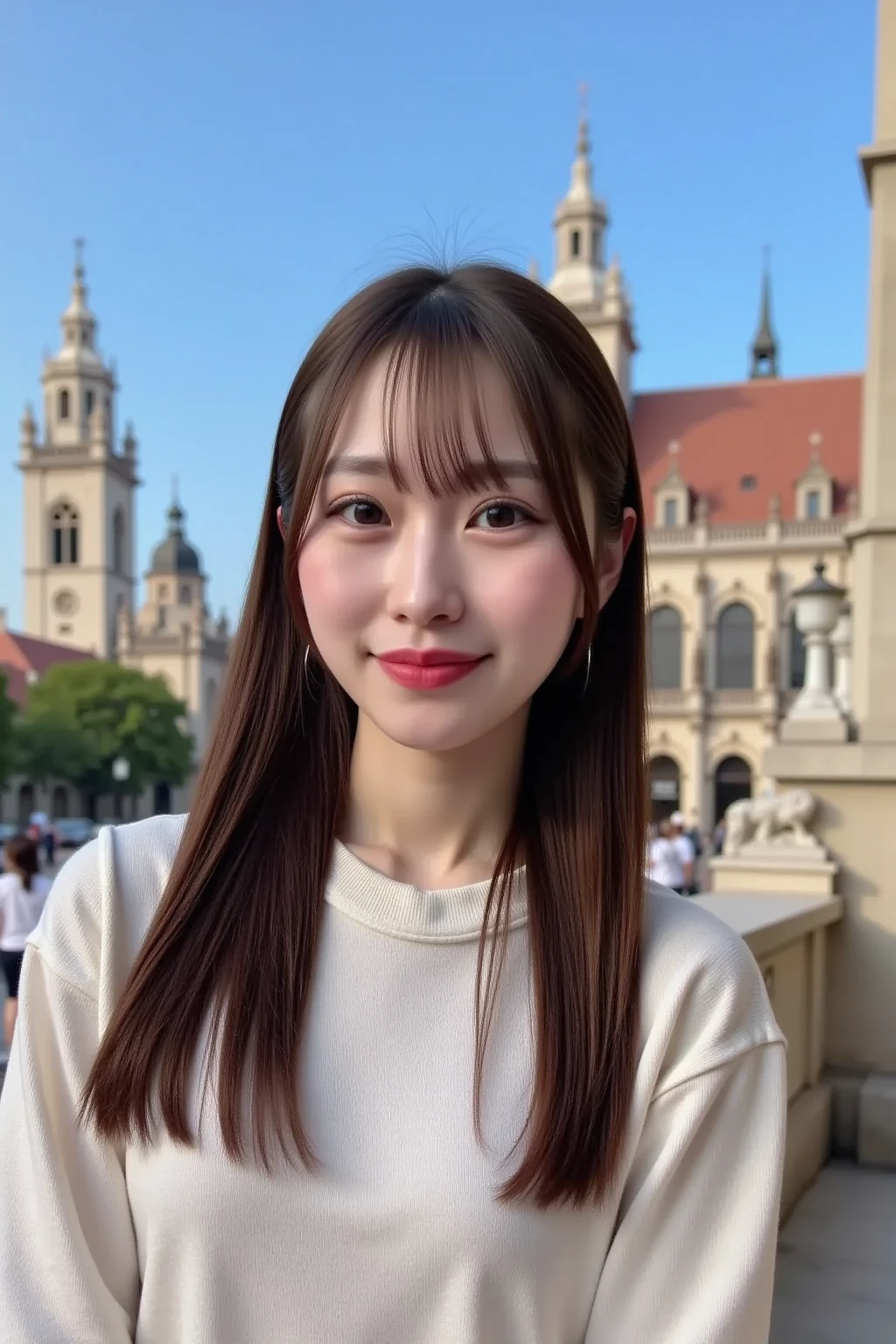 femme bulgare debout, (Bulgarie), ((dans la ville de Sofia)), Jolie Corps, beau visage, petit sourire satisfait, belle robe, soleil, (((devant la satue de Sainte Sophia)))