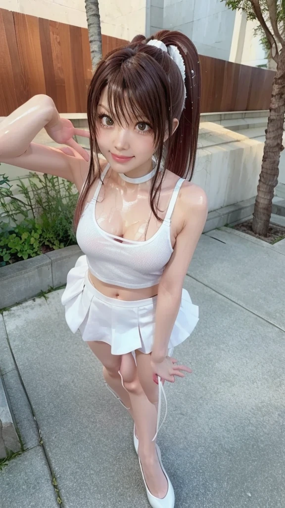 (highest quality,masterpiece:1.3,Ultra-high resolution),(Very detailed、Caustics) (Photorealistic:1.4, RAW shooting、)Ultra-Realistic Capture、Very detailed、Natural skin texture、masterpiece、(The upper body is sleeveless and the chest is open wide.:0.5、Pleated skirt:0.4)、Shining Breasts、Transparent nipples、1 Japanese girl、Adorable expression、Expressions of Happiness、14 years old、Young Face、Surprisingly cute、Twin tails、Curly Hair、Black Hair、Scrunchie、light makeup、A big bust that seems to burst、Sexy pose、Photo taken in front of Shibuya Station、Shining thighs、smile、An inviting gaze、,(((hour々Deep front split squats)))