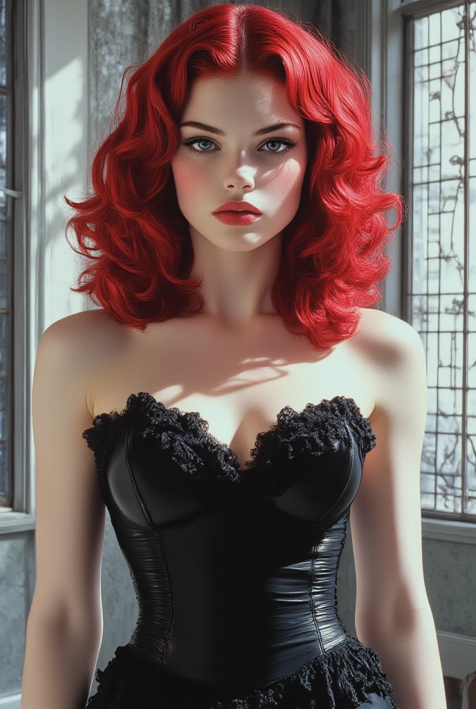 (masterpiece, best quality), 1girl, red hair, medium chest, gothic frill dress, pervert face, <lora:add_detail:1>