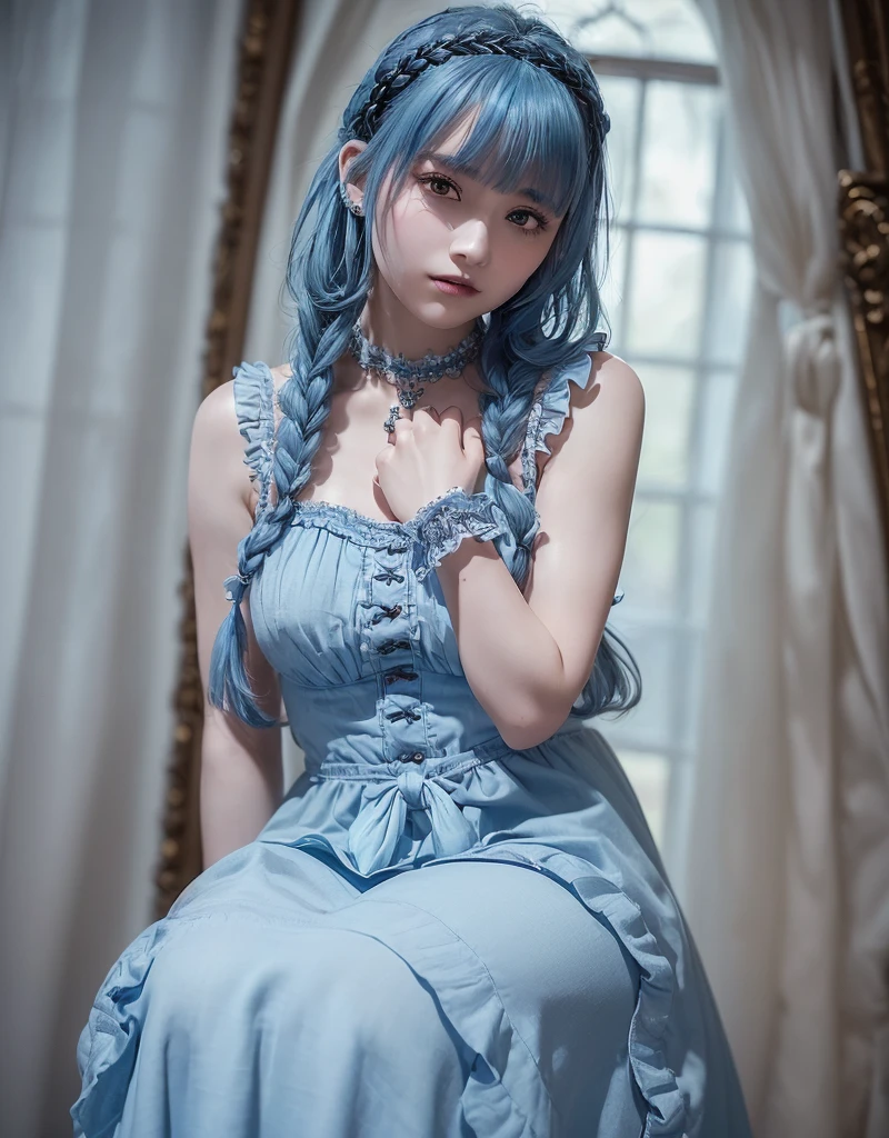 ((One girl)), 20 years old, Japan, RAW, 8k, highest quality, masterpiece high definition, ultra realistic sweet girl, beautiful face, beautiful body, natural light, (delicate human skin texture, detailed beautiful face), (whole body),Dragon Ball Bulma Cosplay, Cosplayers, Light blue hair with braids、(A large red ribbon is attached to the top of the head.), Pink cotton mini dress with thick leather waist belt, Wearing blue basketball shoes,