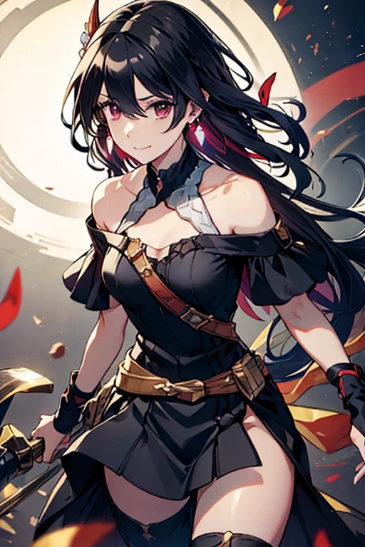 Rogue human woman, with red hair and black streaks, long high ponytail, white corset, black mini skirt, black thigh high boots, black jacket, with a dagger