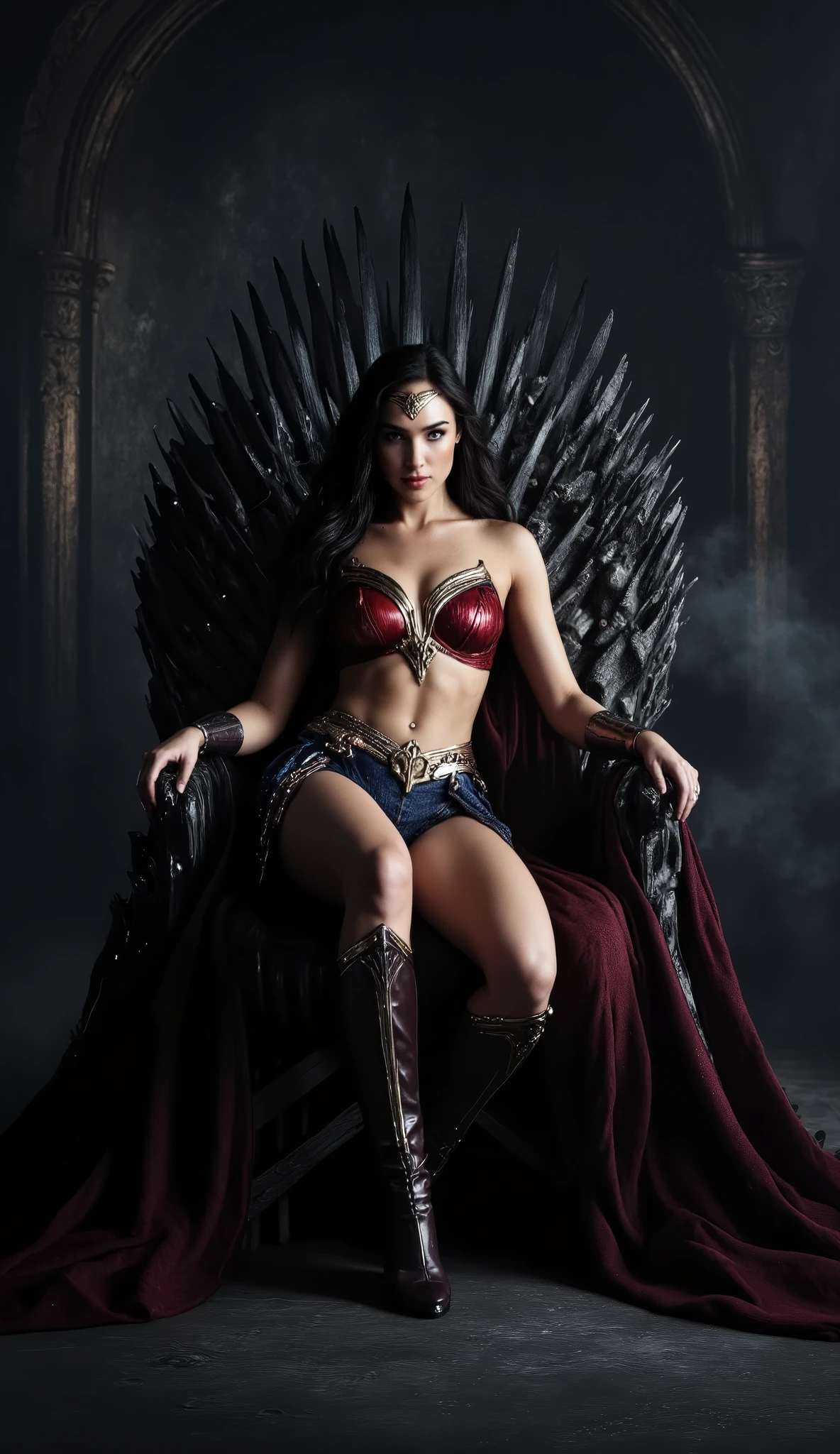 realistic photograph ((beautiful brunette with thick black hair sitting on large gothic chair)) ((she is facing the viewer,1.6)) ((she is facing the Camra viewer,1.6)) ((her arms are behind her back1.5)), and her legs are spread wide apart , she is wearing white skimpy transparent bra and panties, wearing a wonder woman style "tiara", (( her front torso and crutch are clearly visible )) very dark castle dungeon atmosphere horror Theam,