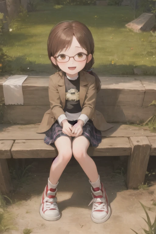 1girl, female child, margo, brown hair, brown eyes, glasses, low ponytail, sidelocks, jacket, skirt, sneakers, mountain, river, sitting, looking at viewer, :d <lora:margo:1>