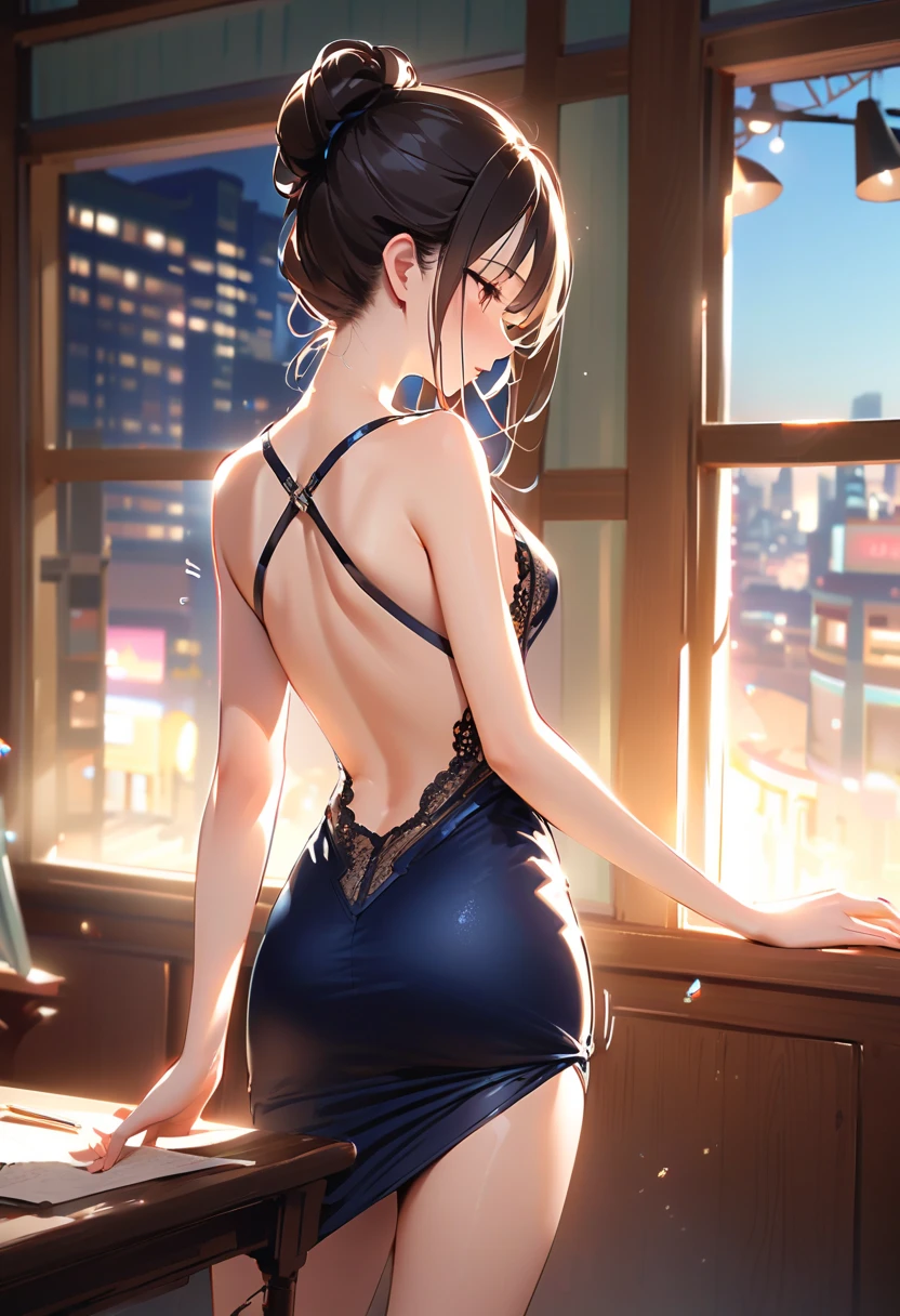 ((Highest quality, 8K, masterpiece :1.3)), (Sharp focus :1.2, Beautiful woman with perfect figure :1.4, Slim Abs :1.2), ((Big Breasts, Emphasize cleavage:1.3)), (Photorealistic:1.4), (realistic:1.4), (Short Bob Hair, Light brown hair:1.5), Highly detailed face and skin texture, Fine grain, double eyelid. Makeup face, A little bit of lipstick, sex appeal, Sexy gravure pose, ((A beautiful woman in a black party dress、A back shot with a city skyscraper in the background。She is wearing a simple bracelet on her wrist.。:1.3)