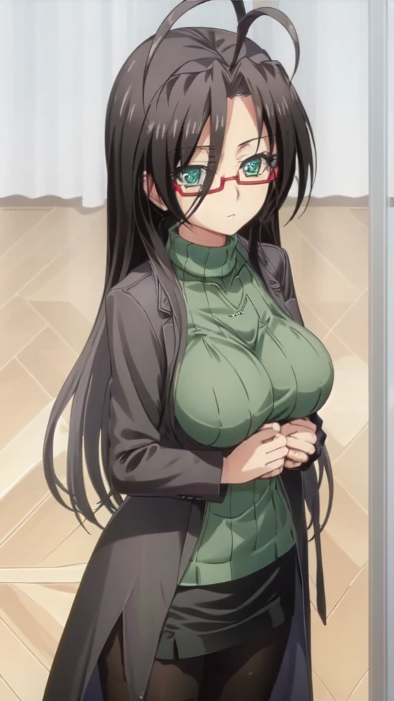 1girl,alone, chisato Hasegawa,( 4k detailed), (masterpiece), (ultra quality), (ultra detailed), (best illustration), (best shadow), (extremely detailed), (absurdities), (detailed background) , , glasses, alone, long hair, red-rimmed glasses, half-rimmed glasses, turtleneck, smile, under-rimmed glasses, black hair, bare shoulders, brown hair, antenna hair, sleeveless turtleneck, big beasts, full body, green eyes, green sweater, looking at viewer, head on, focus on breasts, pov (from above) innocent smile, blush, outdoors, night, sexy body, sexy posture, perfect anatomy, perfect hands