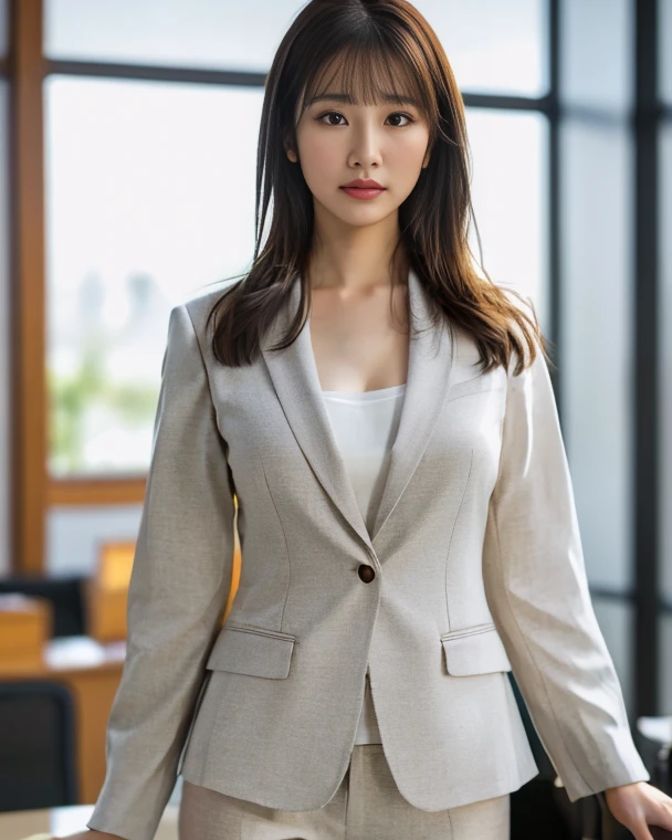 masuter piece, top-quality, ​masterpiece, hight resolution, Photorealsitic, Raw photography, 8k wallpaper, flawless, profetional lighting, ighly detailed, depth of fields, ((One beautiful woman)), ((40 year old male sexy, hotels room, ((blazers, skirt by the, Blouse)), Detailed face, beautidful eyes, bangss, small breasts of good shape, Light Brown Straight Hair, Faint lips, ((stand facing forward、Staring at the viewer&#39;serious face eyes.)), knees protrude from the frame,