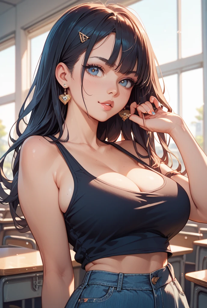 professional artwork, Intricate Details, field of view, sharp focus, detailed painting, photorealistic lighting, trending on pixiv,(masterpiece:1.0),(best_quality:1.0), ultra high res, ultra-detailed, photography, 8K, HDR, highres, absurdres:1.2, Kodak portra 400, film grain, sharp focus, bokeh:1.2, lens flare, (vibrant_color:1.2), (((indoors, classroom, classroom details, sitting on chair, perfect anatomy sitting, leaning to table))), 1girl, female mature, black hair, long hair, (yellow eyes), large breasts, tanktop, short pants, hair intakes, cleavage, (solo:1.4), (upper body, half body shot),